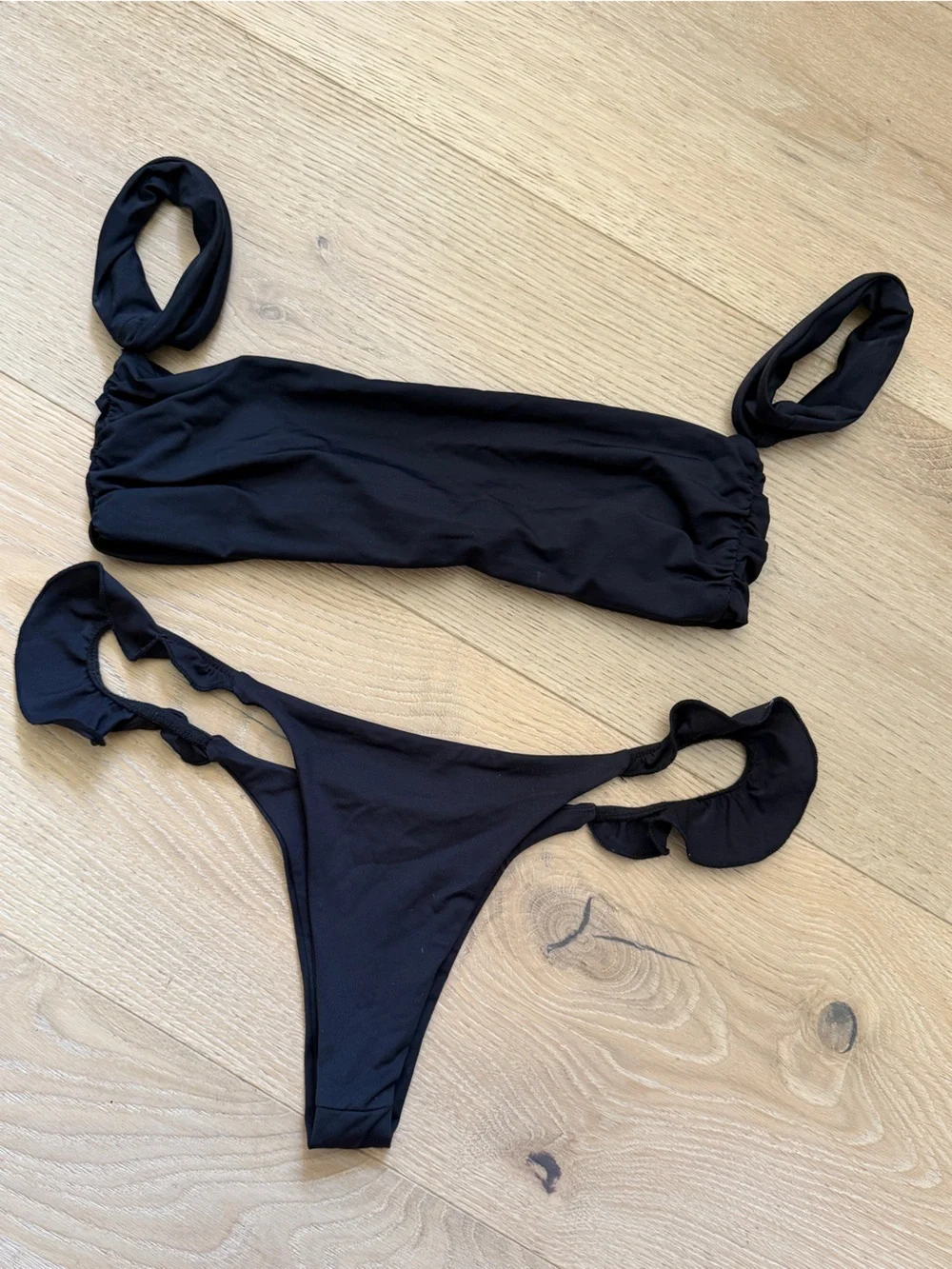 Frankie's Bikinis Black Off the Shoulder Bandeau Top & Ruffled Bikini Bottom